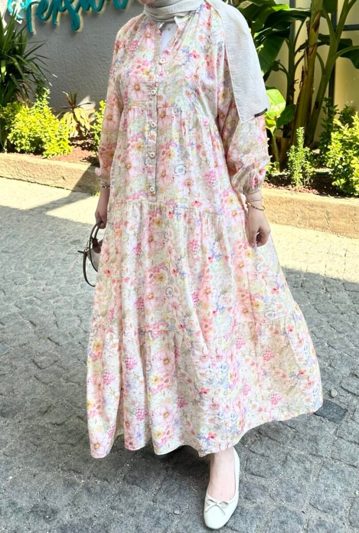 Desenli Uzun Flower Elbise - Görsel 7