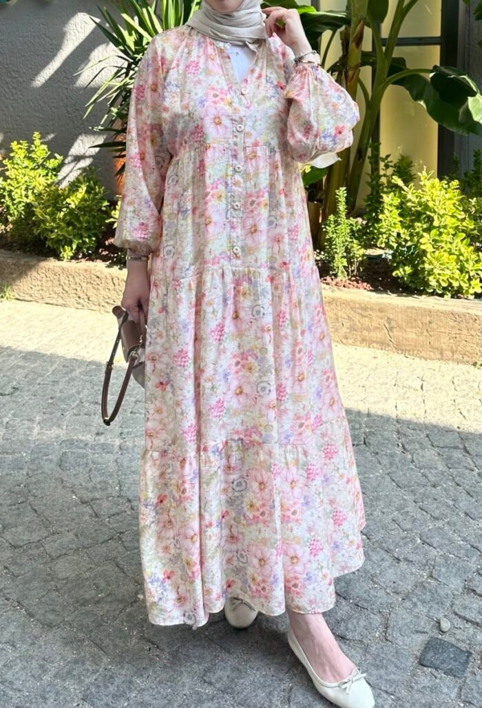 Desenli Uzun Flower Elbise - Görsel 2