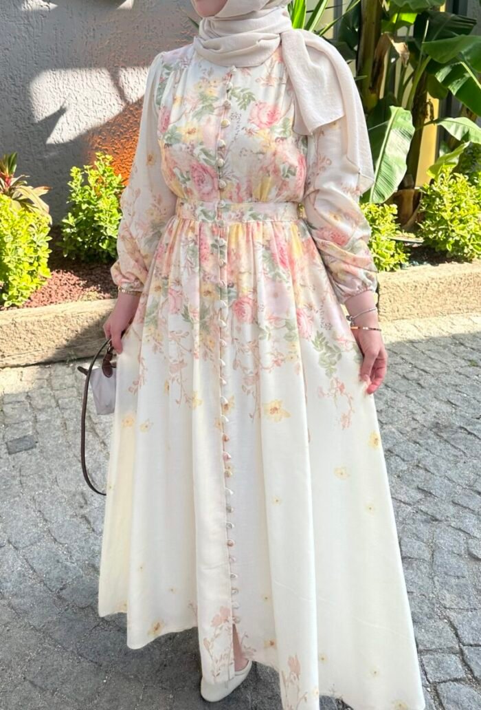 Keten Floral Elbise - Görsel 5