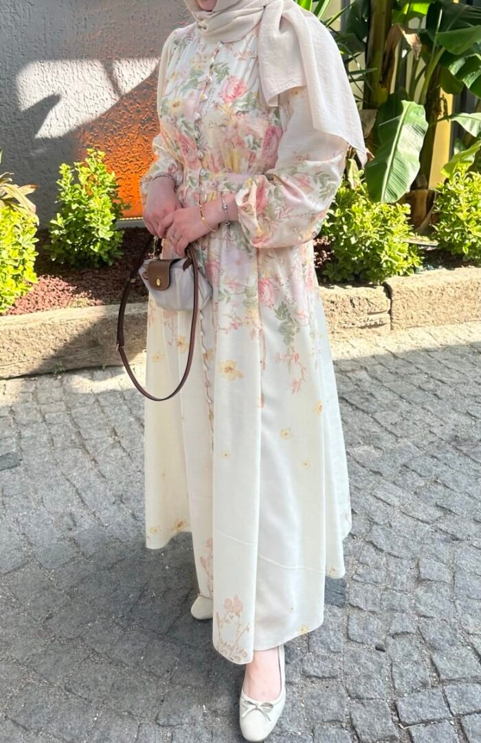 Keten Floral Elbise - Görsel 4