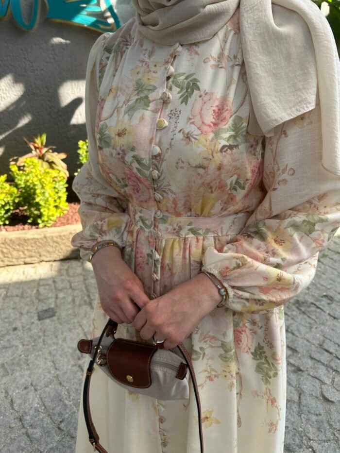 Keten Floral Elbise - Görsel 2
