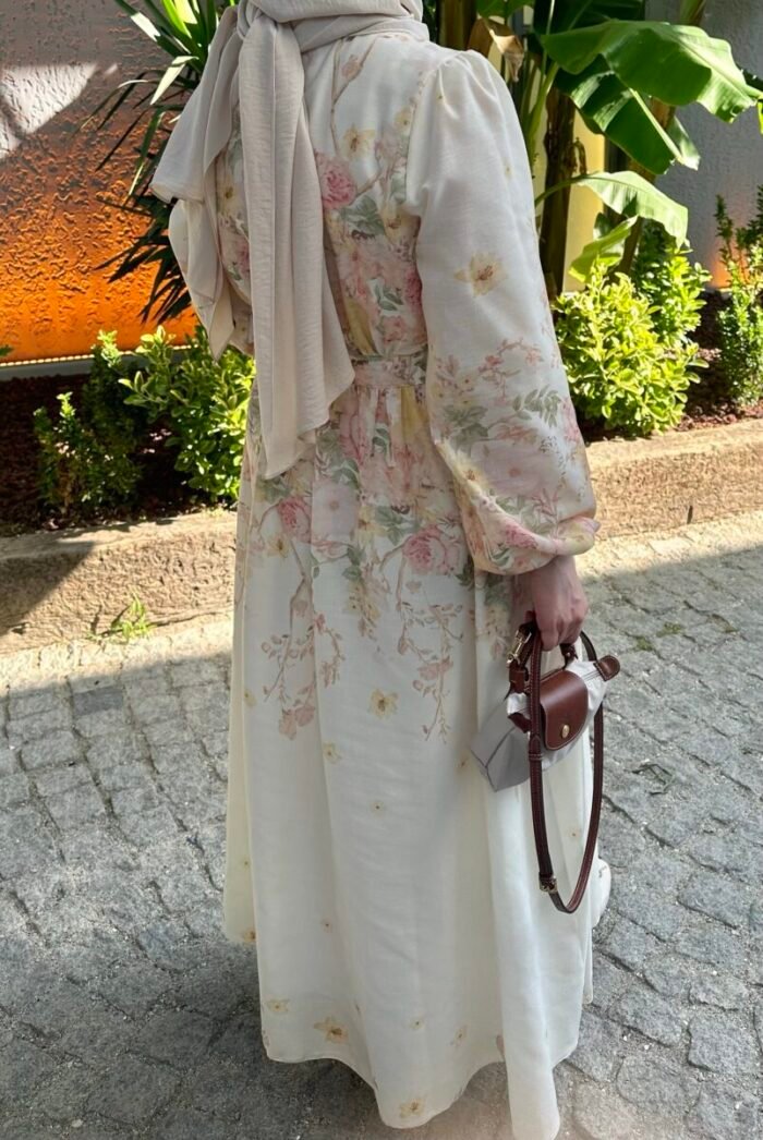 Keten Floral Elbise - Görsel 3