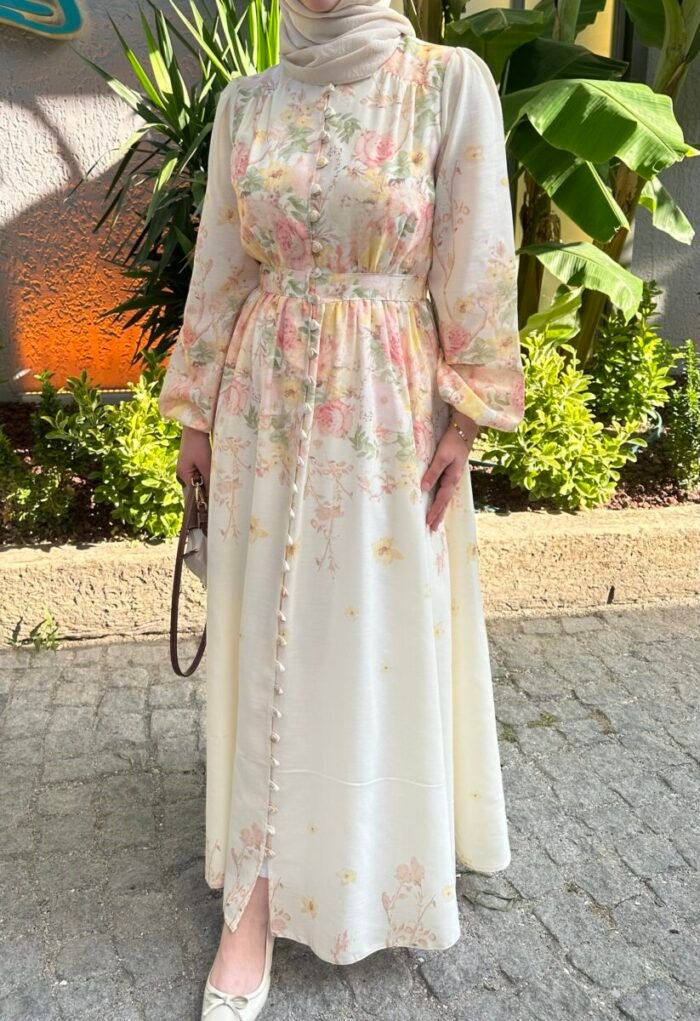 Keten Floral Elbise - Görsel 6
